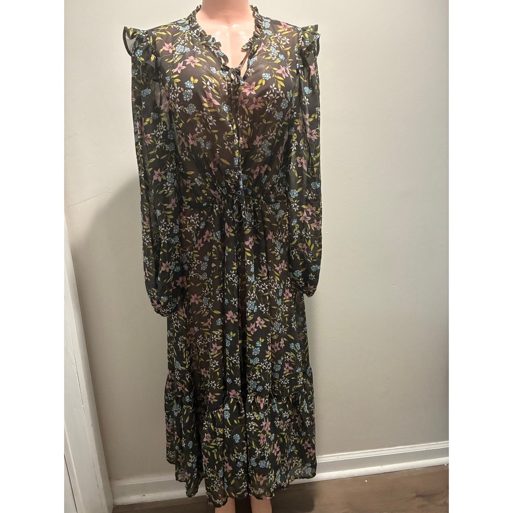 a.n.a Maxi Dress Women XL Black Floral Sheer Ruffle Long Sleeve